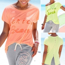 Fashion Letters Printed Short Sleeve Round Neck Slit Hem T-shirt