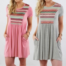 Fashion Printed Short Sleeve Round Neck Loose Dress