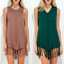 Chic Style Sleeveless Tassel Hem Solid Color Dress