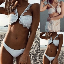 Sexy Lace Spliced Solid Color Bikini Set