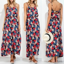 Sexy Backless Elastic Waist Printed Sling Maxi Dress