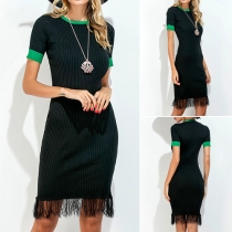 Fashion Contrast Color Short Sleeve Round Neck Tassel Hem Dress