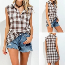 Fashion Sleeveless POLO Collar High-low Hem Check Dress