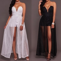 Sexy Strapless V-neck Gauze Spliced Hem High Waist Rompers