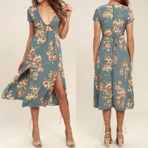 Sexy Deep V-neck Slit Hem Short Sleeve Printed Dress