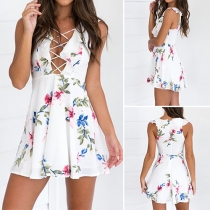 Sexy Deep V-neck Sleeveless Ruffle Printed Dress