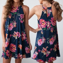 Fashion Round Neck Printed Sling Chiffon Dress