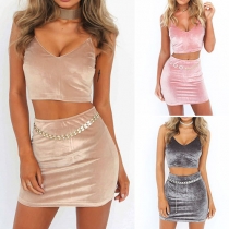 Sexy Backless V-neck Cami Top + High Waist Bust SKirt Two-piece Set