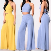 Sexy Backless Cami Top + High Waist Wide-leg Pants Two-piece Set