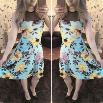 Sexy See-through Gauze Spliced Sleeveless Round Neck Printed Dress
