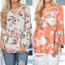 Sweet Style Slit trumpet Sleeve V-neck Printed Top