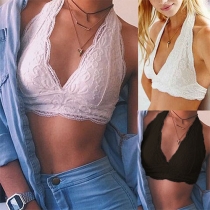 Sexy Deep V-neck Solid Color Halter Lace Crop Top
