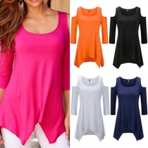 Sexy Off-shoulder 3/4 Sleeve Irregular Hem Solid Color T-shirt