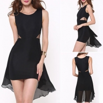 Sexy Gauze Spliced Sleeveless Round Neck Chiffon Spliced Hem Dress