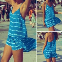 Sexy Backless V-neck Ruffle Hem Tie-dye Printed Sling Dress