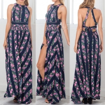 Sexy Backless Slit Hem High Waist Printed Maxi Dress