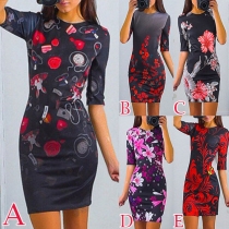 Fashion Half Sleeve Round Neck Slim Fit Printed Dress