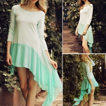 Fashion Long Sleeve Round Neck Chiffon Spliced Irregular Hem Dress