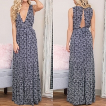 Sexy Backless Deep V-neck Sleeveless Printed Maxi Dress