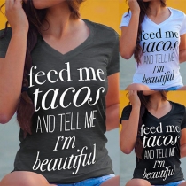 Fashion Letters Printed Short Sleeve V-neck T-shirt