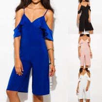 Sexy Backless V-neck Off-shoulder Lotus Sleeve Sling Jumpsuit