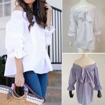 Sexig off-shoulder båtringning 3/4-ärm enfärgad topp