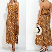 Sexy Backless Elastic Waist Printed Sling maxi Dress