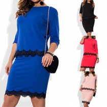 Fashion Lace Spliced 3/4 Sleeve Top + Bust Skirt two-piece Set