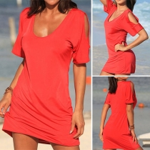 Sexy Off-shoulder Short Sleeve Round Neck Solid Color Dress
