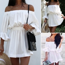 Sexy Off-shoulder Boat Neck Elastic Waist Solid Color Dress
