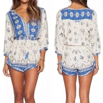 Ethnic Style Printed 3/4 Sleeve V-neck Elastic Waist Romper