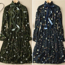 Elegant Style Long Sleeve Ruffle Collar Printed Pleated Dress