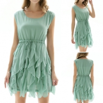 Elegant Solid Color Sleeveless Round Neck Ruffle Hem Chiffon Dress