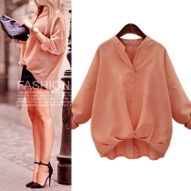 Fashion Solid Color Long Sleeve V-neck High-low Hem Blouse