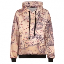 Fashion Retro Maps Printed Long Sleeve Hoodie Sweatshirt
