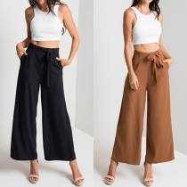 Fashion Solid Color Lace-up High Waist Wide-leg Pants