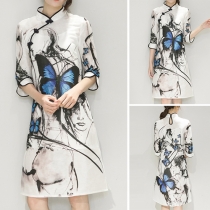 Retro Style 3/4 Sleeve Stand Collar Slim Fit Printed Cheongsam