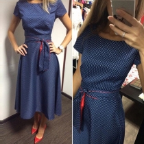 Retro Style Short Sleeve Round Neck Dots Printed Dress