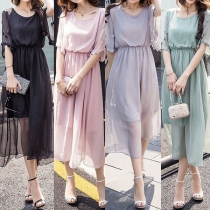 Bohemian Style Round Neck High Waist Lace Crochet Half Sleeves Chiffon Dress