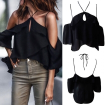 Sexy Ruffle Short Sleeve High-low Hem Open-Shoulder Chiffon Halter Top