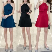 Sexy Backless Alloy Ring Halter Neck High Waist Sleeveless A-line Dress
