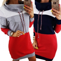 Modekontrastfärgad långärmad höghalsad sweatshirtklänning i slim fit