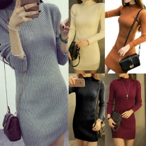 Fashion Solid Color Long Sleeve Mock Neck Slim Fit Knit Dress