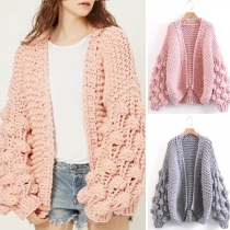 Fashion Solid Color Lantern Sleeve Knit Cardigan