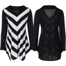 Fashion Long Sleeve V-neck Irregular Hem Striped T-shirt