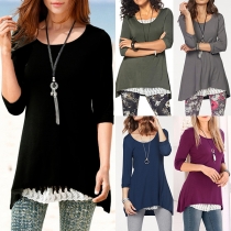 Fashion Solid Color 3/4 Sleeve Round Neck Irregular Hem T-shirt