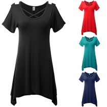 Sexy Off-shoulder Short Sleeve Irregular Hem Solid Color T-shirt 
