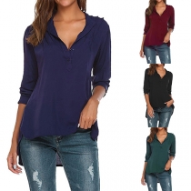 Fashion Solid Color Long Sleeve V-neck High-low Hem Blouse