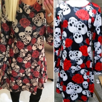 Retro Style Skull Head Printed Long Sleeve Round Neck Dress