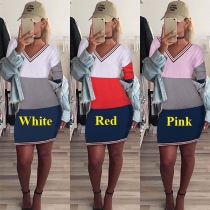 Fashion Contrast Color Long Sleeve V-neck Slim Fit Dress